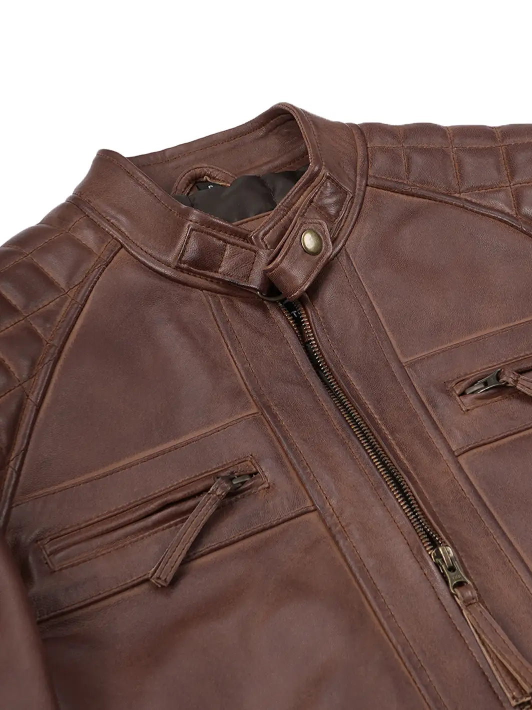 Men's Cognac Brown Quilted Leather Cafe Racer Jacket