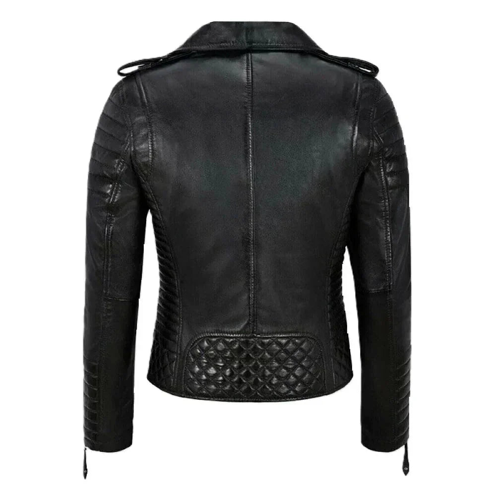 Premium Asymmetrical Brando Black Sheepskin Biker Leather Jacket for Women