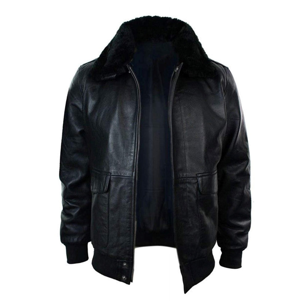 Black Aviator Bomber Fur Collar Sheepskin Leather Jacket For Men