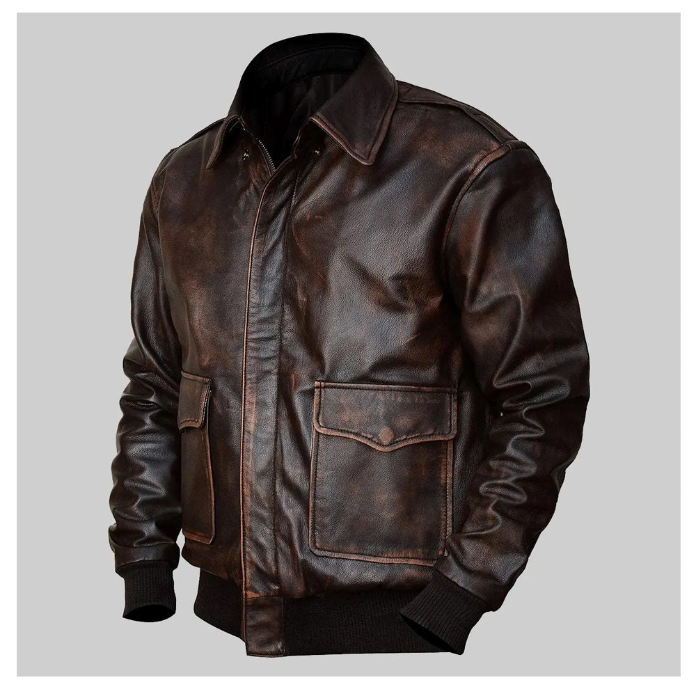 A2 Aviator Distressed Cowhide Brown Bomber Genuine Leather Jacket For Men