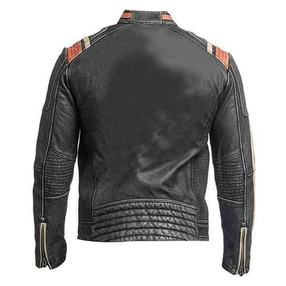 Vintage Distressed Black Café Racer Lambskin Leather Jacket For Men