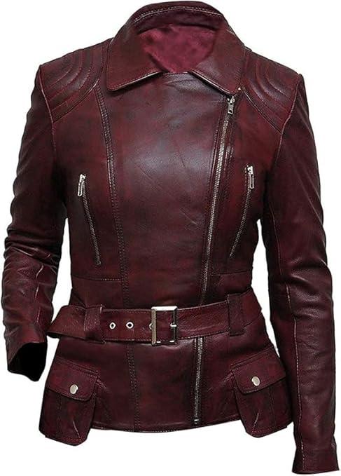 Retro Cafe Racer Brando Distressed Burgundy Biker Lambskin Leather Jacket For Women