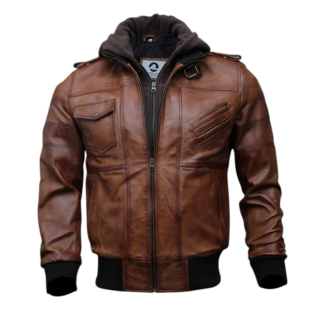Bomber Removable Hooded Sheepskin Leather Jacket for Men