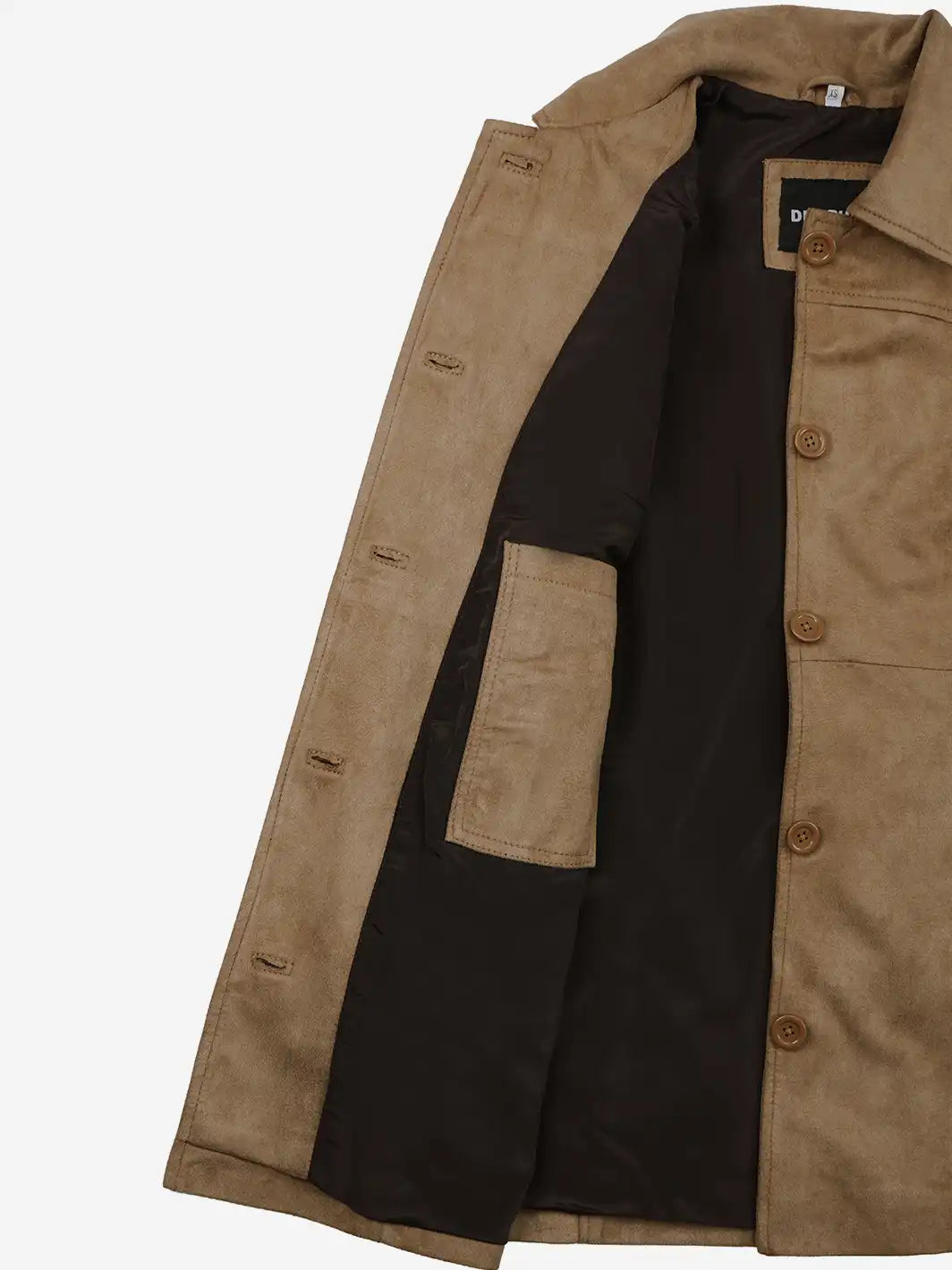 Women's 3/4 Length Camel Brown Faux Suede Coat — Button Front