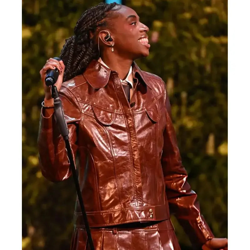 BAFTA Awards 2026 Cat Burns Brown Leather Jacket