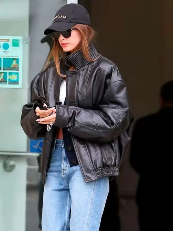 Hailey Bieber Black Bomber Leather Jacket Hailey Bieber Black Bomber Leather Jacket Max Jackets