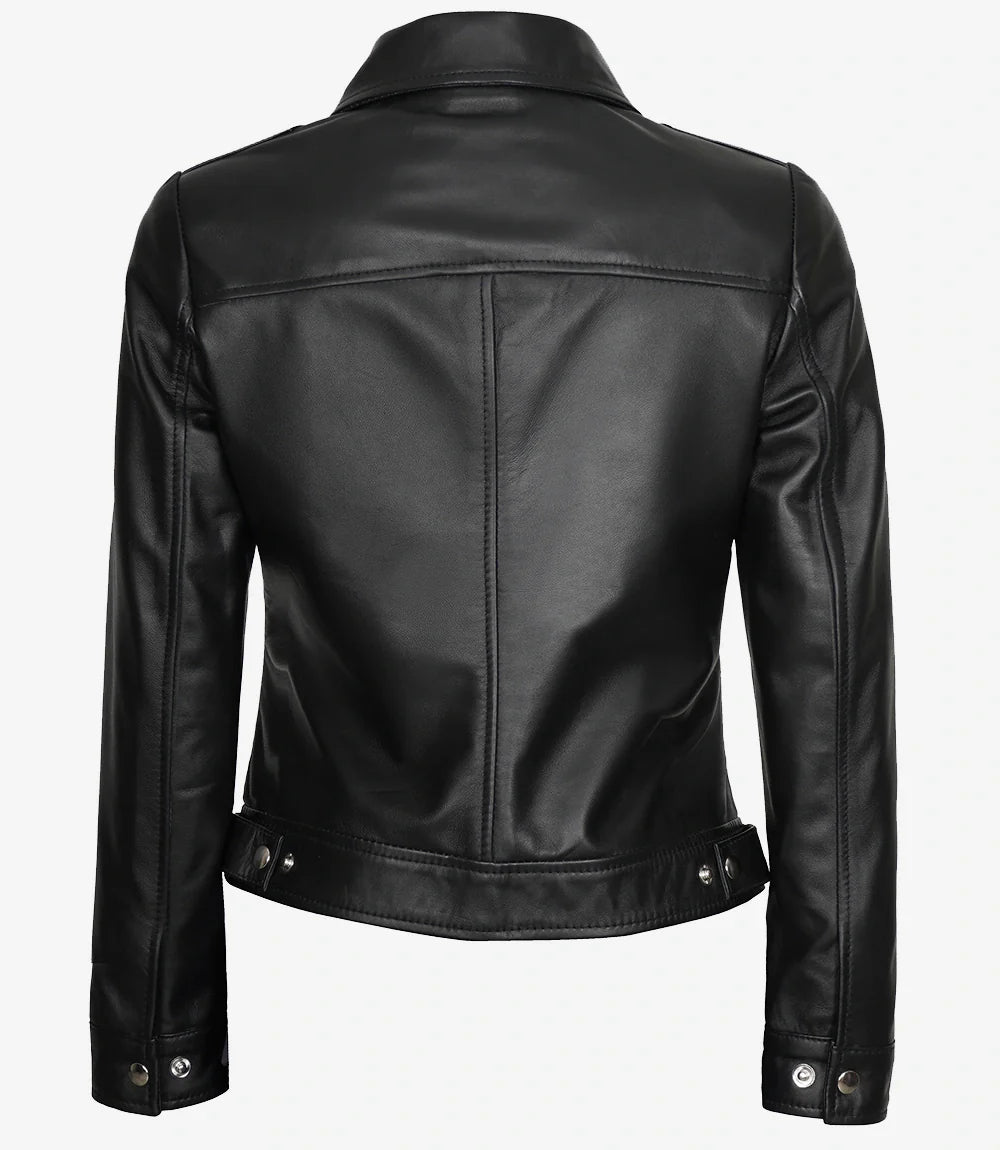 Womens Shirt Collar Black Leather Jacket
