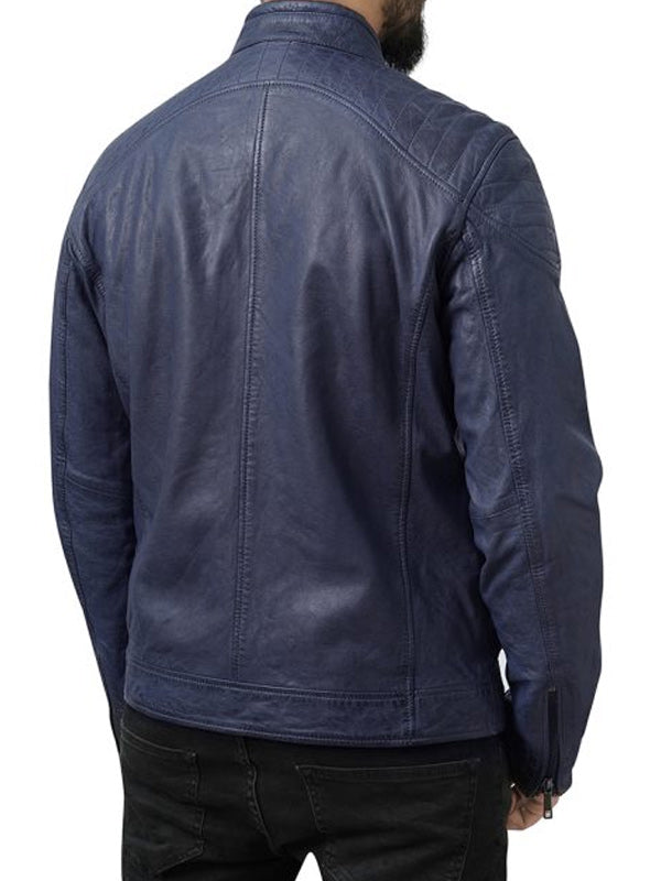 Cafe Racer Style Blue Leather Jacket for Men Max Jackets