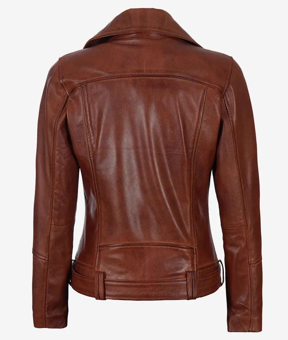 Women's Asymmetrical Cognac Leather Jacket Max Jackets