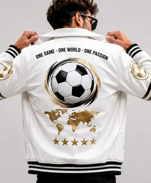 FI-FA World Cup 2026 All Team Flag White Leather Bomber Jacket