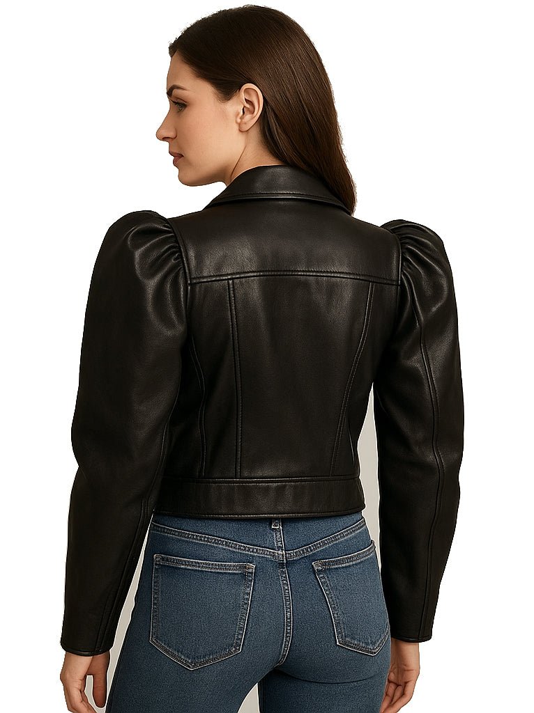 Gigot Sleeve Crop Moto Black Leather Jacket