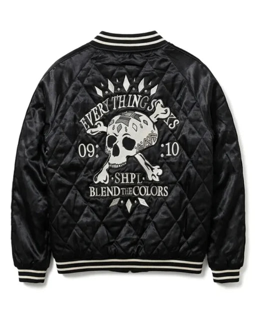 Halloween Skull and Crossbone Quilted Black Bomber Jacket
