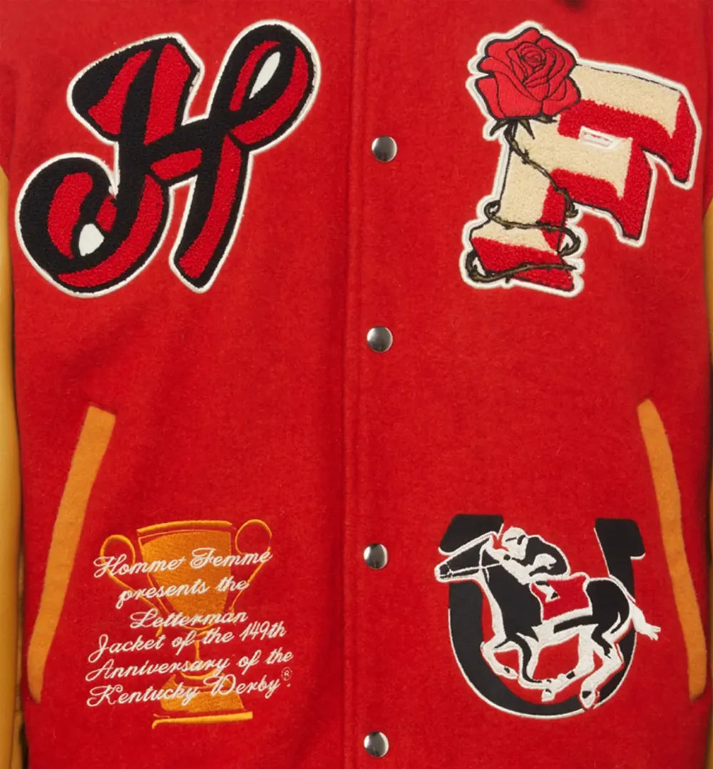 Homme+Femme Red & yellow Letterman Wool & Leather Varsity Jacket Homme+Femme Red & yellow Letterman Wool & Leather Varsity Jacket Max Jackets