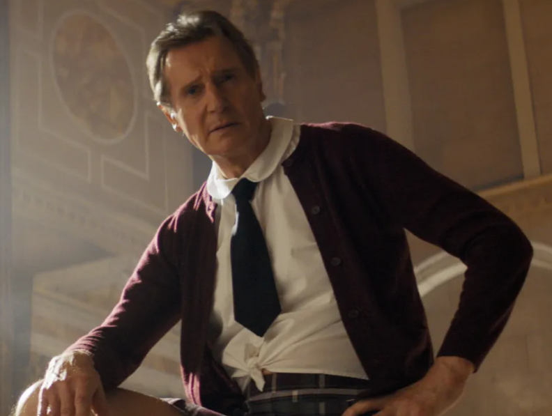 Liam Neeson Burgundy Cardigan Jacket – The Naked Gun 2025 Movie Outfit