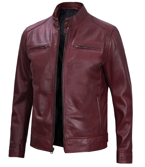 Dodge Men's Maroon Cafe Racer Premium Lambskin Leather Jacket Max Jackets