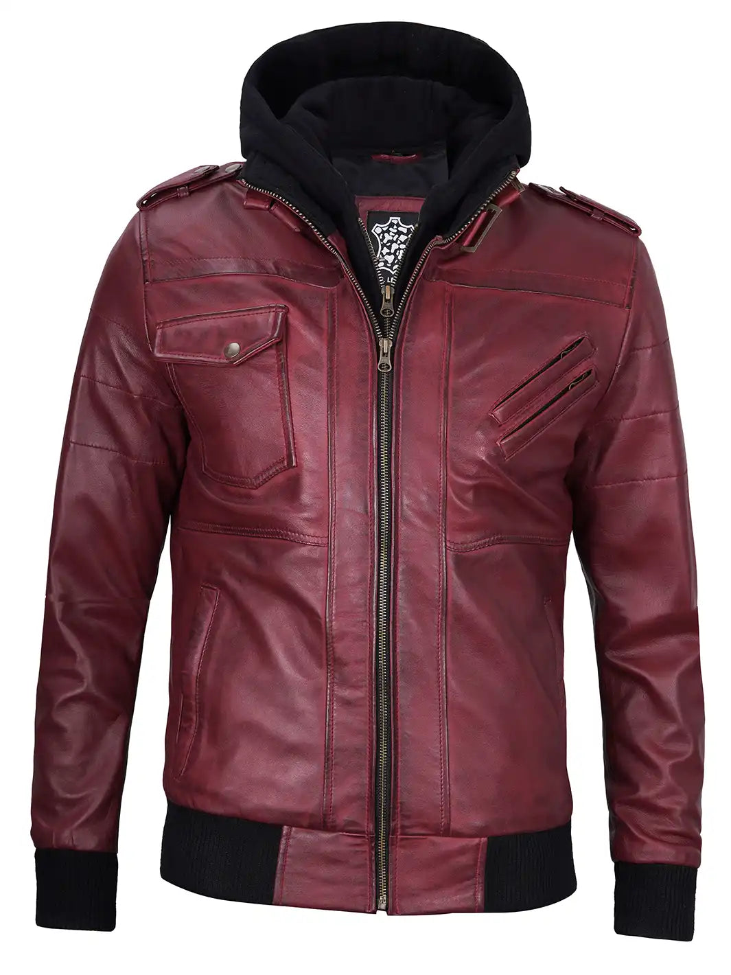 Men's Burgundy Lambskin Bomber Jacket with Removable Hood