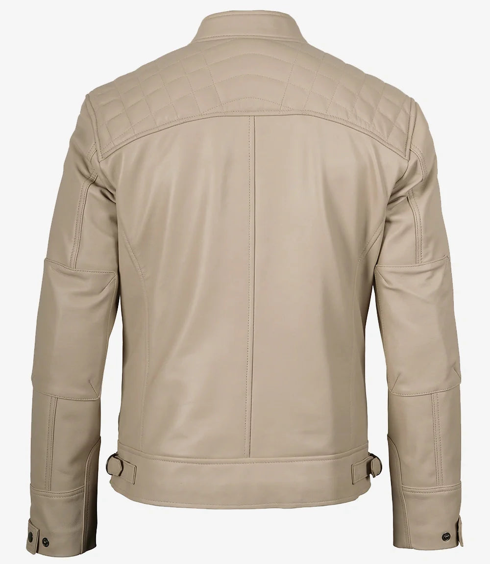 Men's Biker Style Beige Leather Jacket - Quilted Shoulder