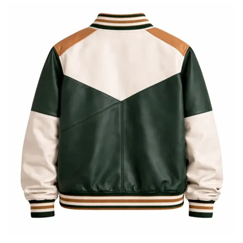 Block Green Varsity Leather Bomber Jacket