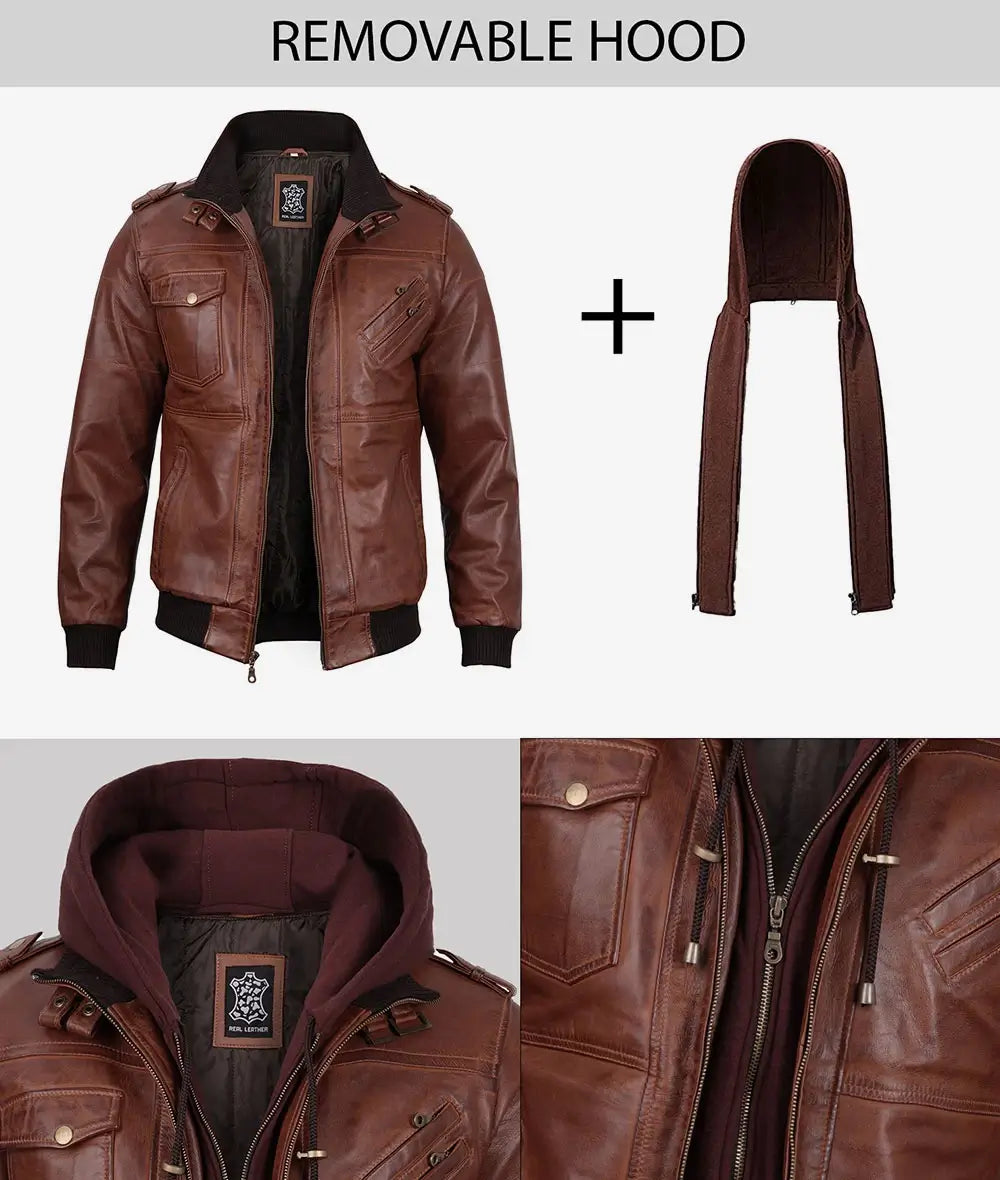 Men's Tall Brown Bomber Hooded Leather Jacket