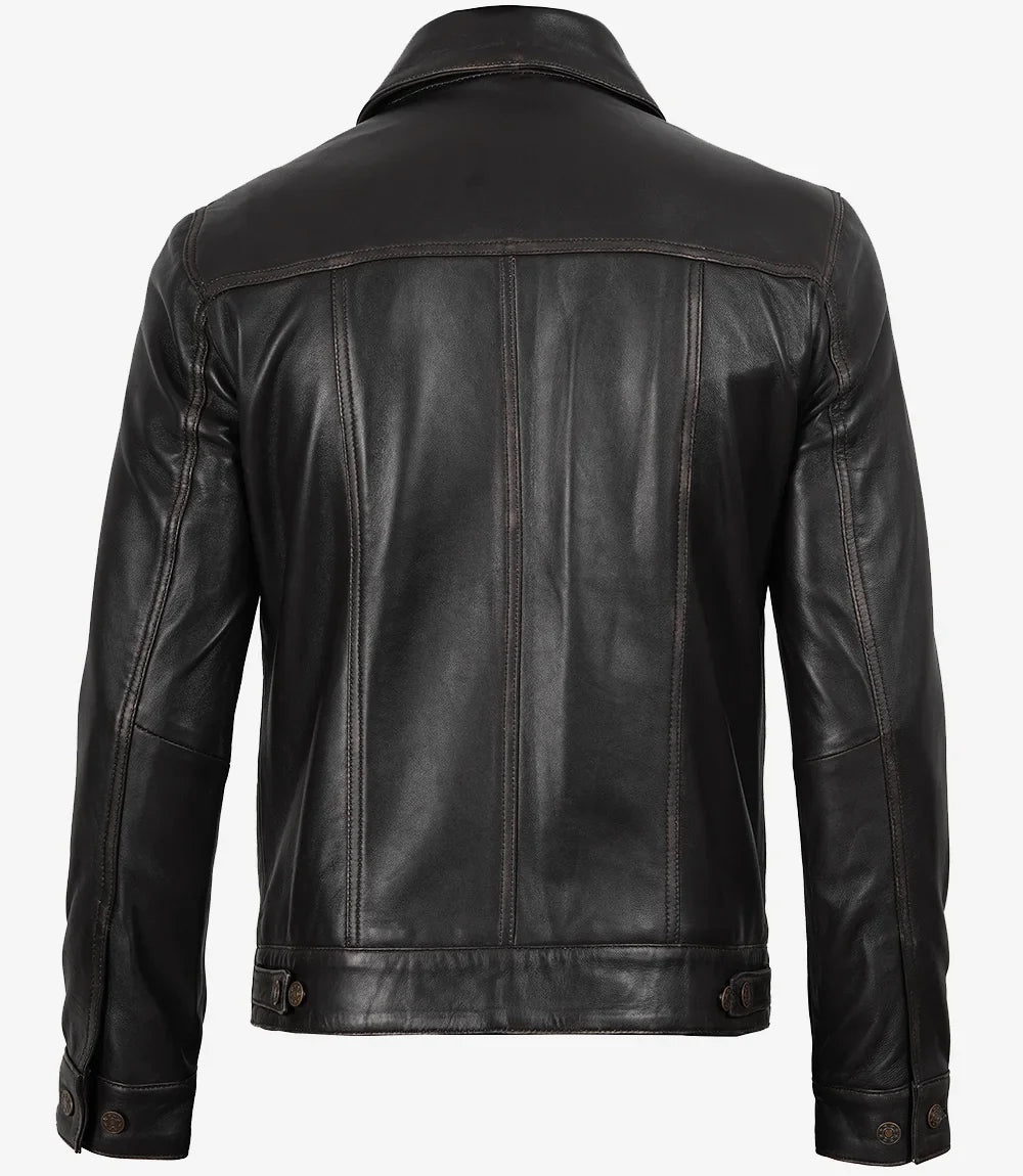 Men's Distressed Brown Leather Trucker Jacket