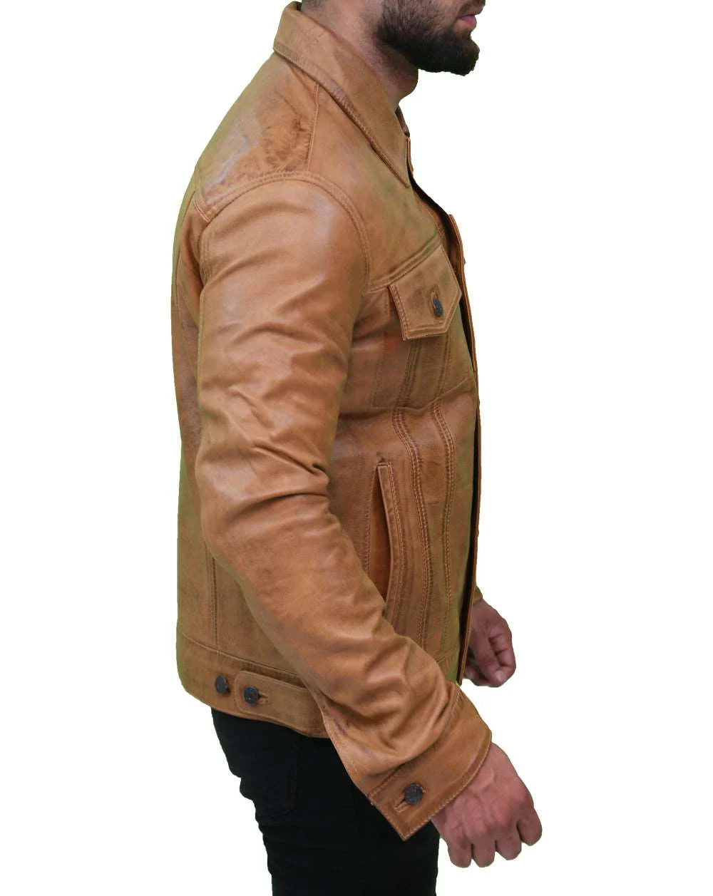 Men's Camel Brown Trucker Leather Jacket Men's Camel Brown Trucker Leather Jacket Max Jackets