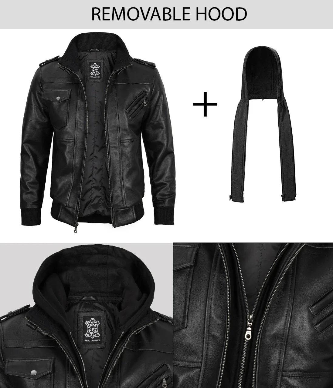Edinburgh Mens Black Bomber Leather Jacket With Removable Hood