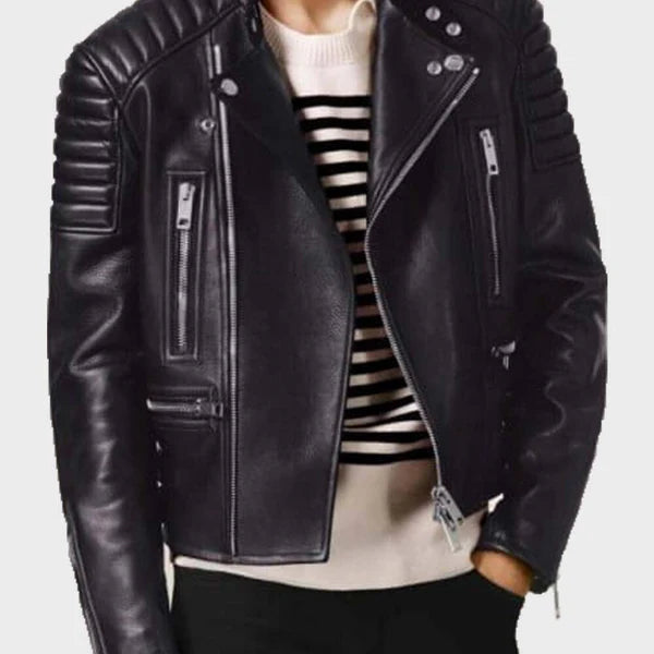 Men's Padded Shoulders Asymmetrical Black Bikers Padded Jacket Men's Padded Shoulders Asymmetrical Black Bikers Padded Jacket Max Jackets