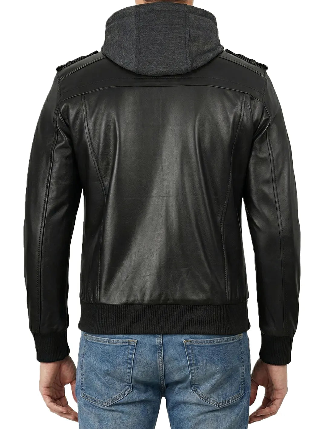 Men's Black Bomber Leather Jacket with Removable Hood