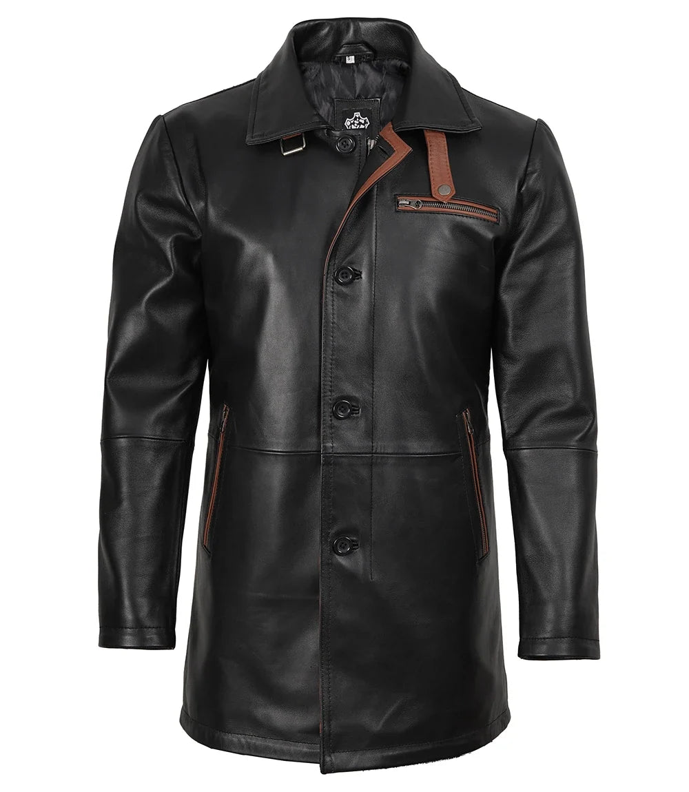 Men's Black Leather Car Coat with Brown Trim