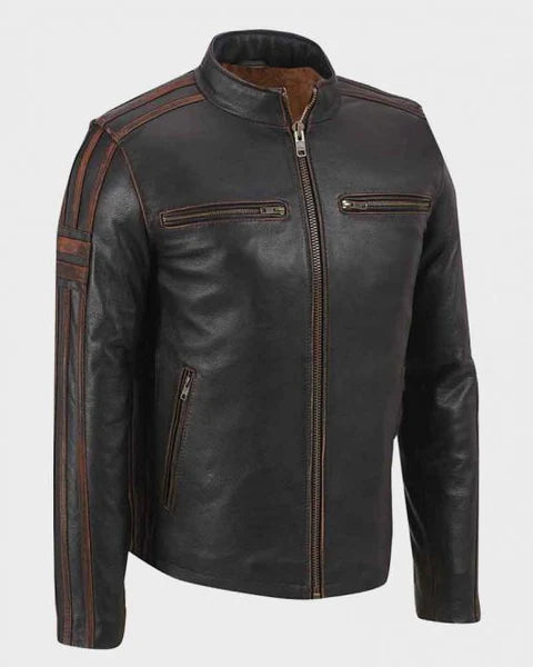 Men's Brown Stripe Café Racer Leather Jacket Men's Brown Stripe Café Racer Leather Jacket Max Jackets