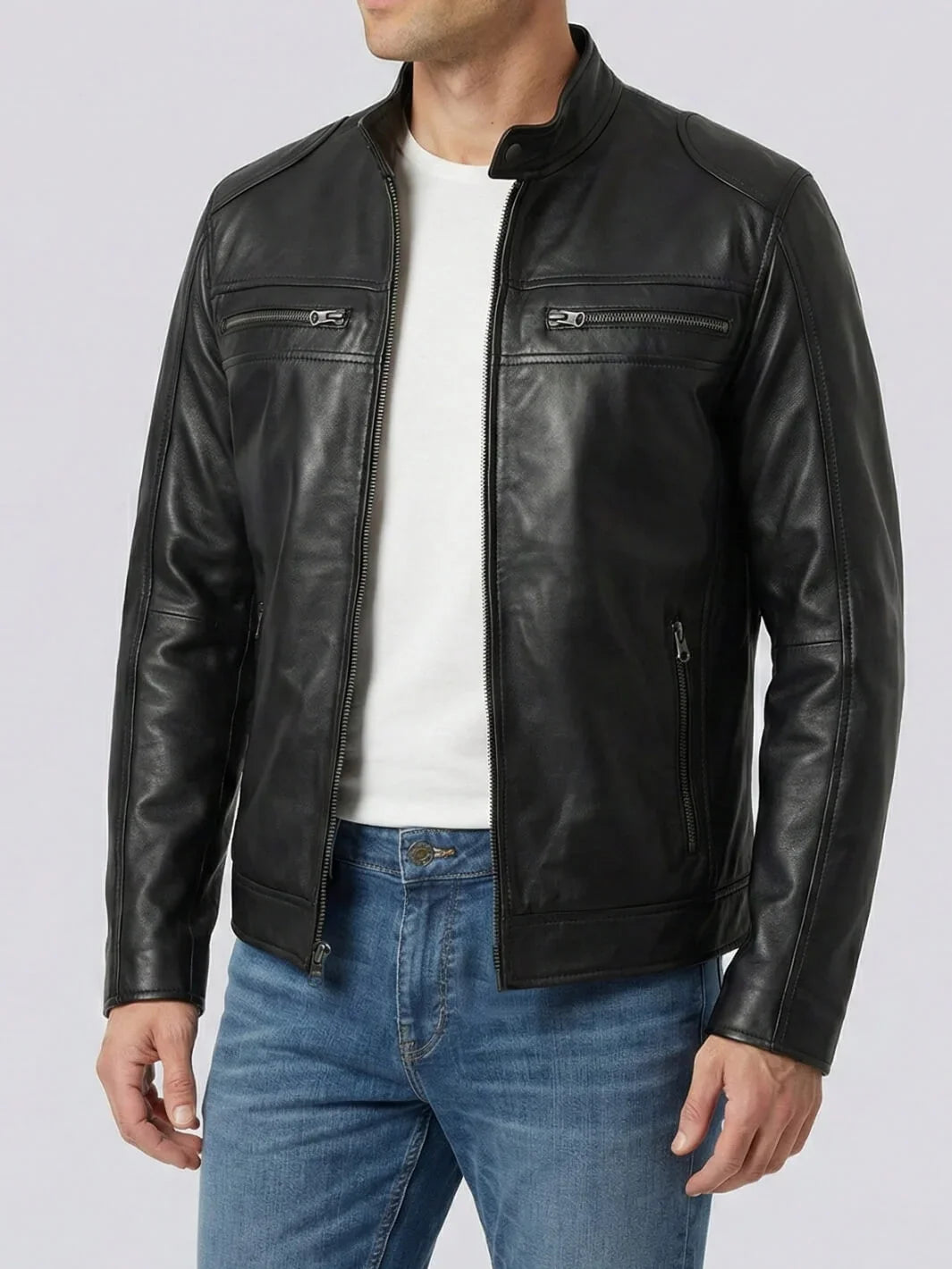 Mens Black Lambskin Biker Leather Jacket