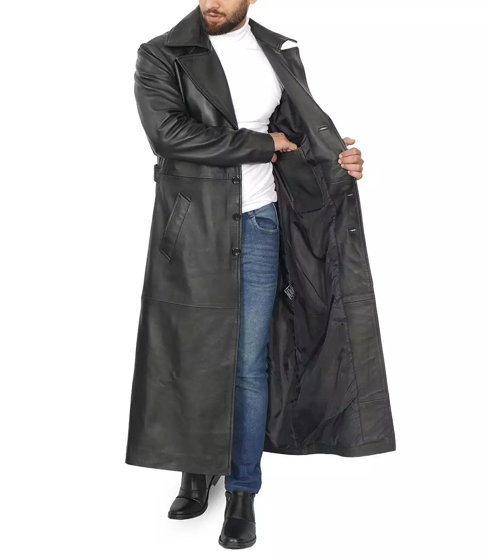 Men's Full-Length Black Leather Coat - Duster Coat