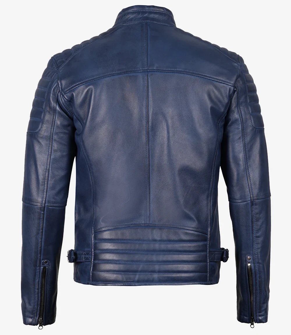 Mens Blue Waxed Biker Style Leather Jacket