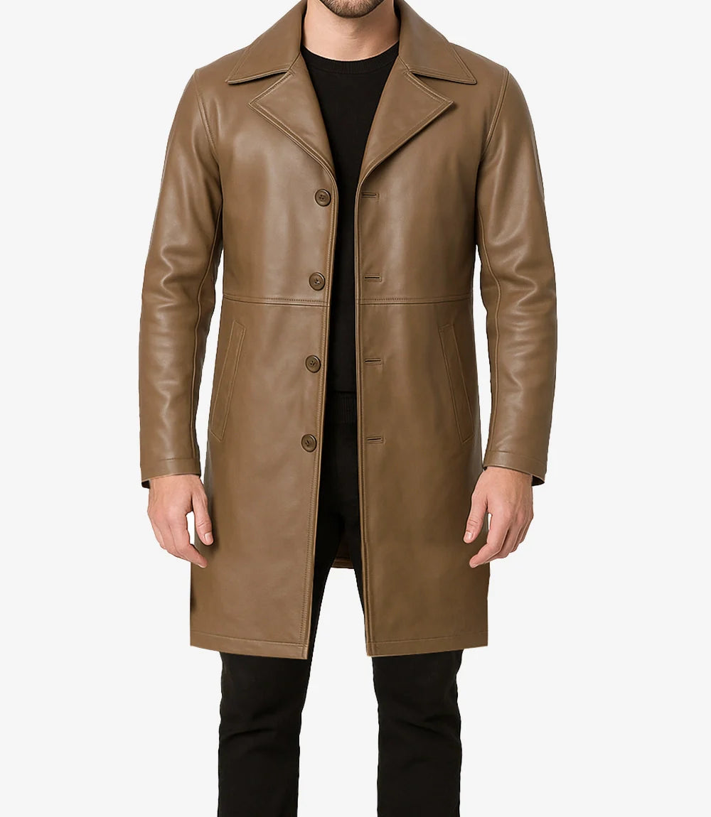 Mens 3/4 Length Lambskin Leather Brown Coat