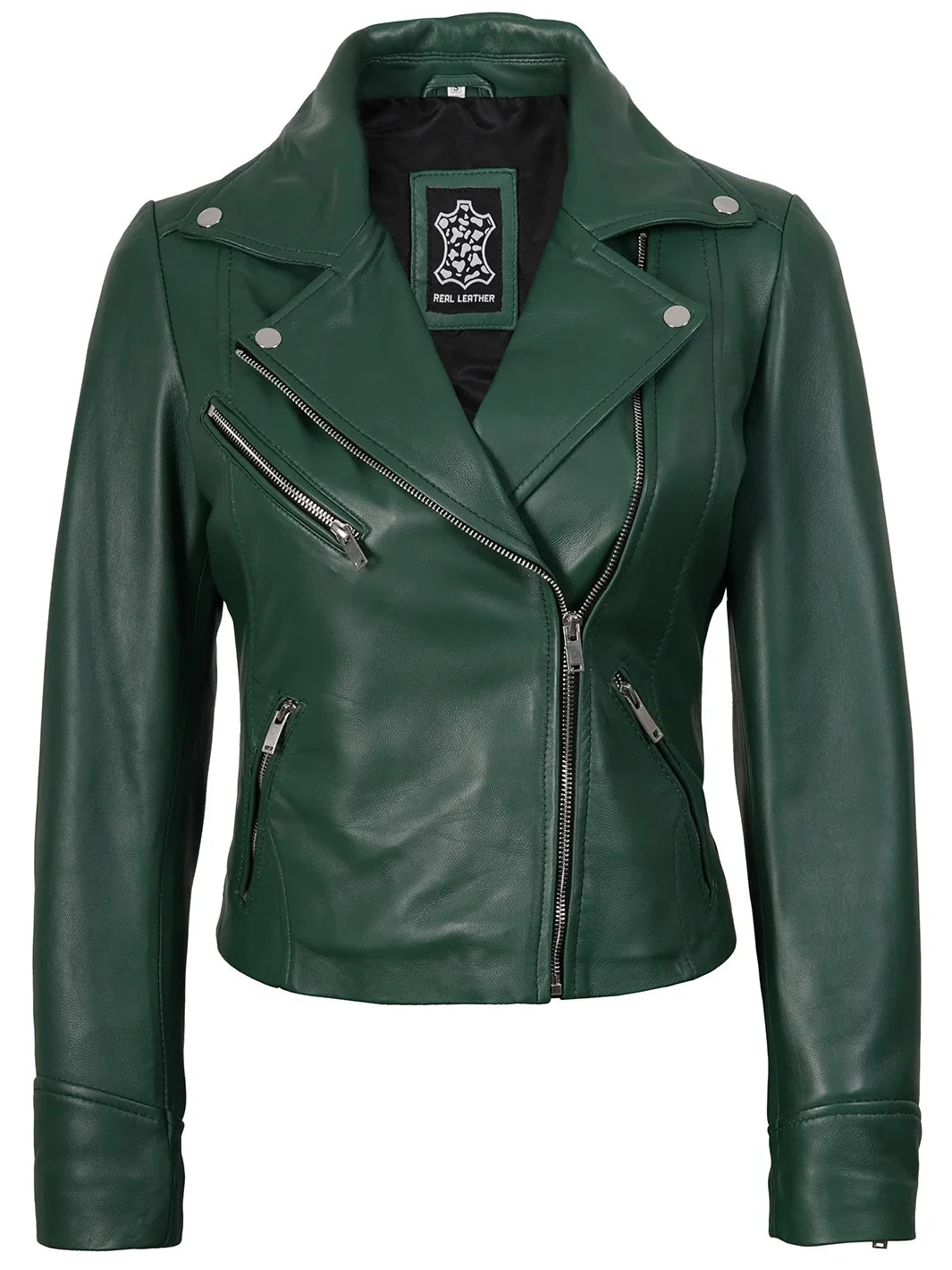 Ninfa Women's Asymmetrical Biker Style Green Leather Jacket