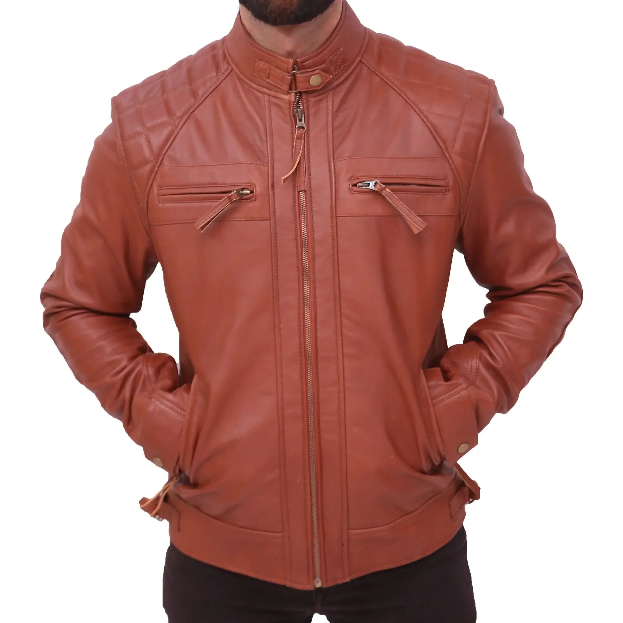 Quilted Men's Brown Vintage Moto Riding Leather Jacket Quilted Men's Brown Vintage Moto Riding Leather Jacket Max Jackets