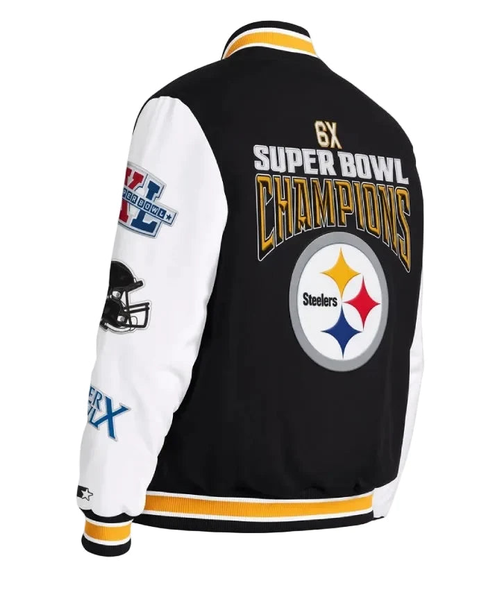 Playoffs Pittsburgh Steelers Black and White Varsity Jacket front view