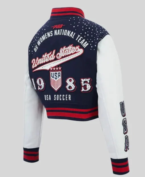 Pro Standard US Soccer WNT Legacy Cropped Navy Blue and White Varsity Jacket
