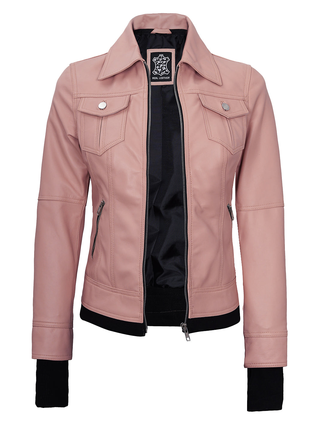 Womens Pink Bomber Leather Jacket | Removable Hood
