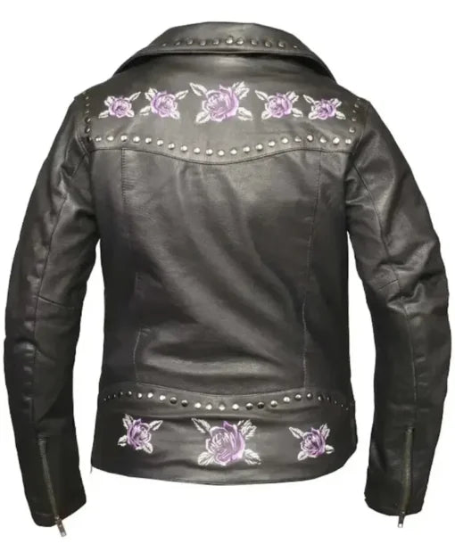 Ladies Black Leather Biker Jacket with Purple Roses and Studs