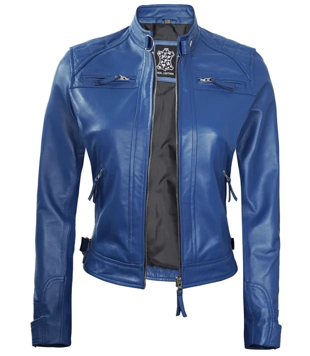 Women’s Blue Fitted Biker Leather Jacket | Quilted Pattern Women’s Blue Fitted Biker Leather Jacket | Quilted Pattern Max Jackets