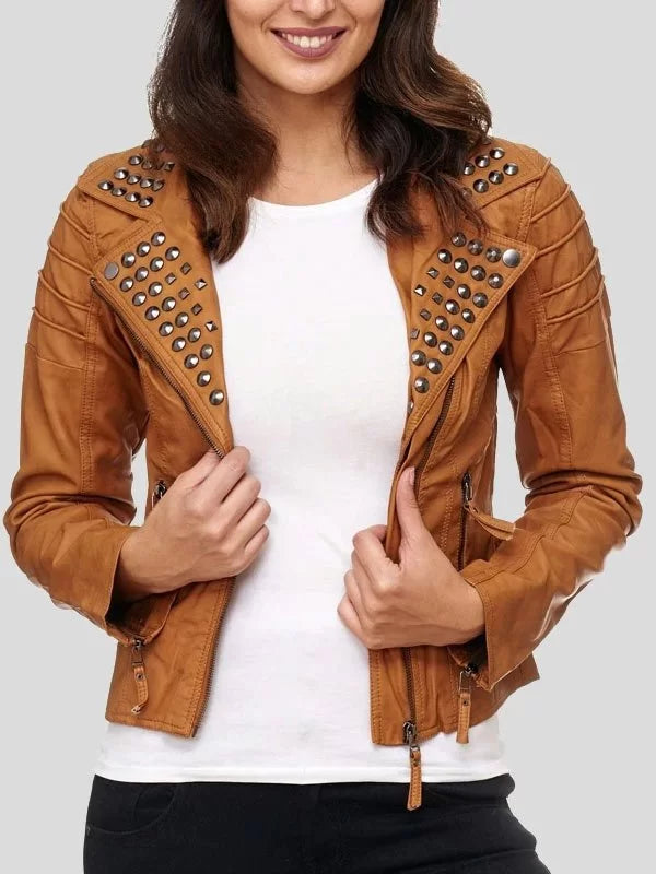 Women's Brown Studded Biker Leather Jacket Women's Brown Studded Biker Leather Jacket Max Jackets