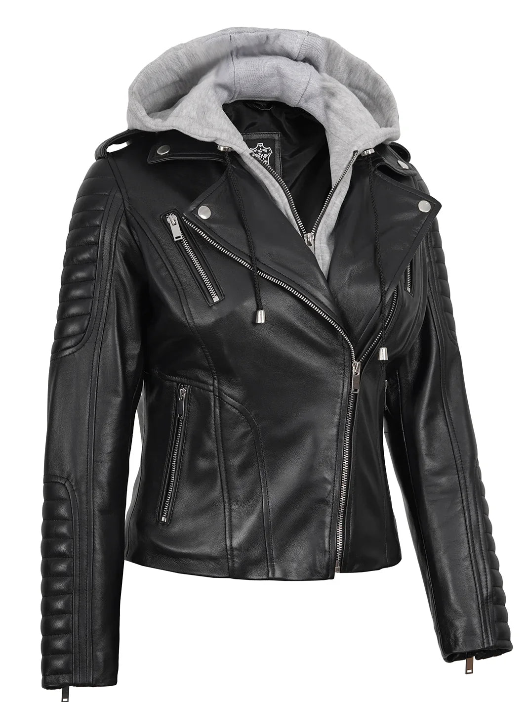 Womens Black Leather Biker Style Jacket With Removable Hood