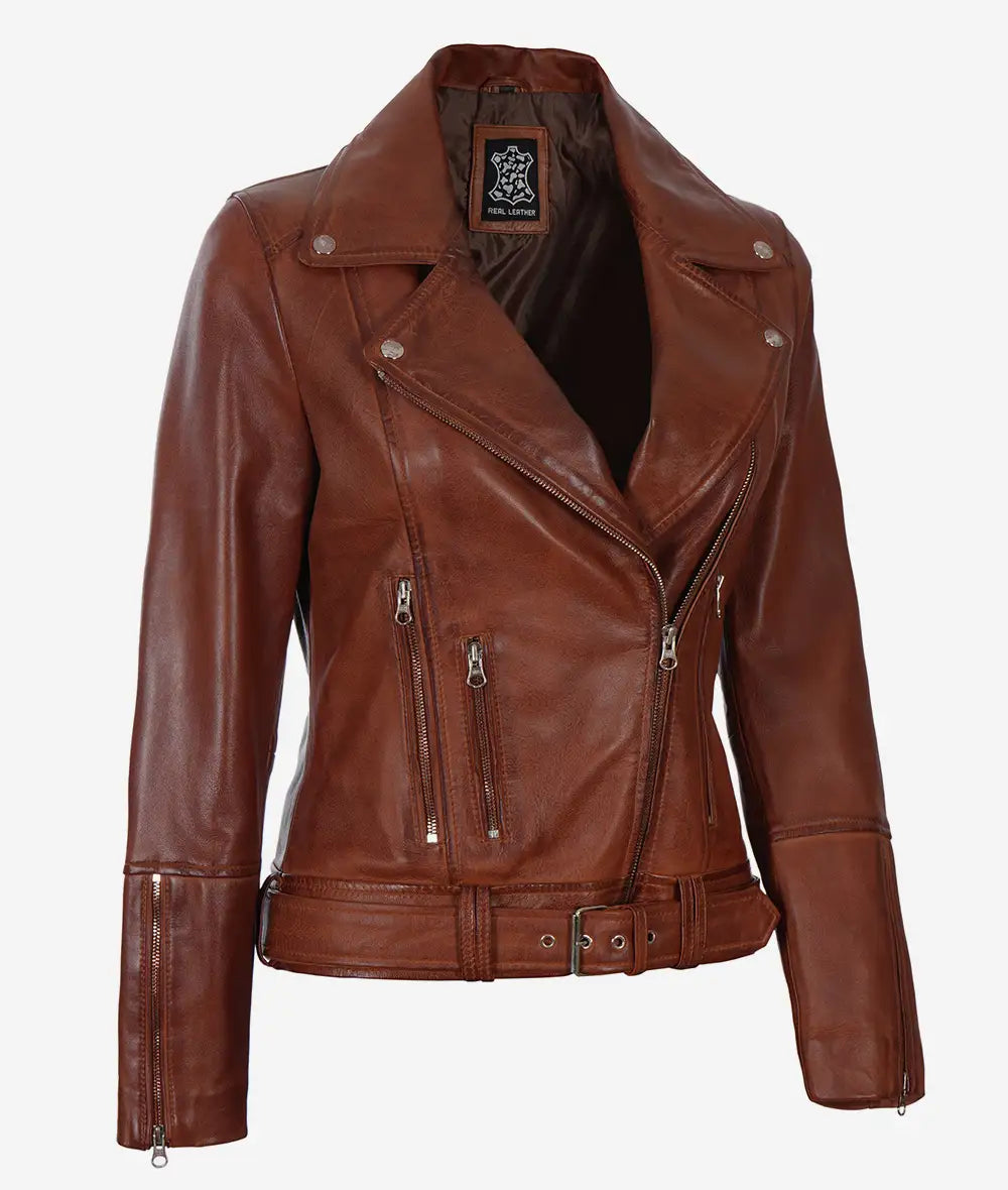 Women's Asymmetrical Cognac Leather Jacket Women's Asymmetrical Cognac Leather Jacket Max Jackets