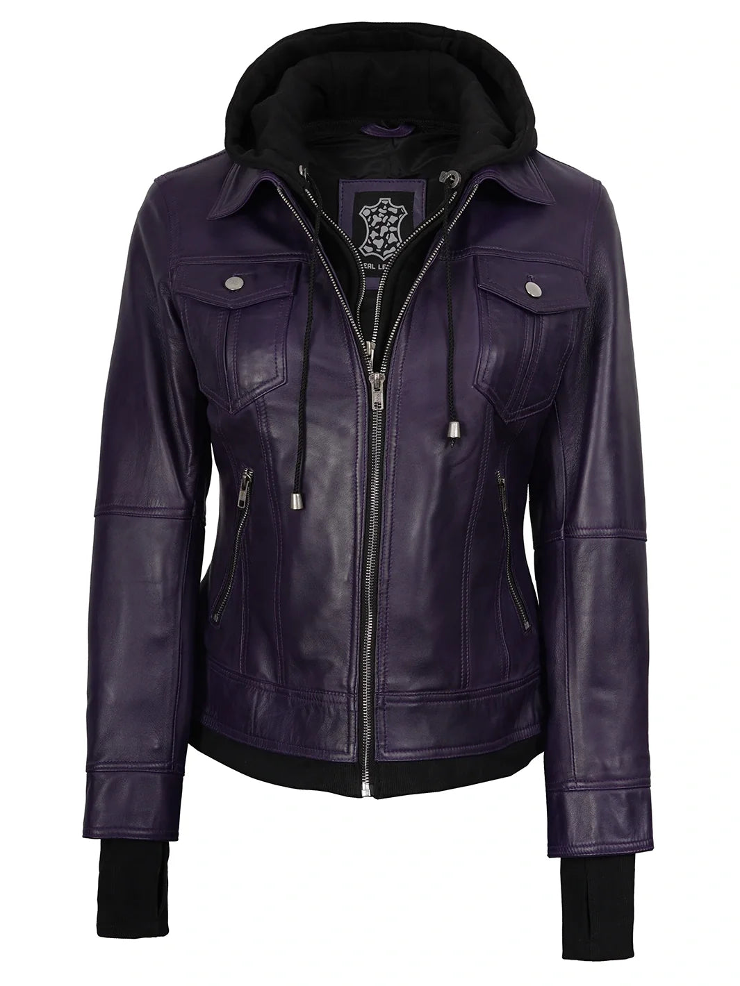 Women's Purple Hooded Leather Bomber Jacket