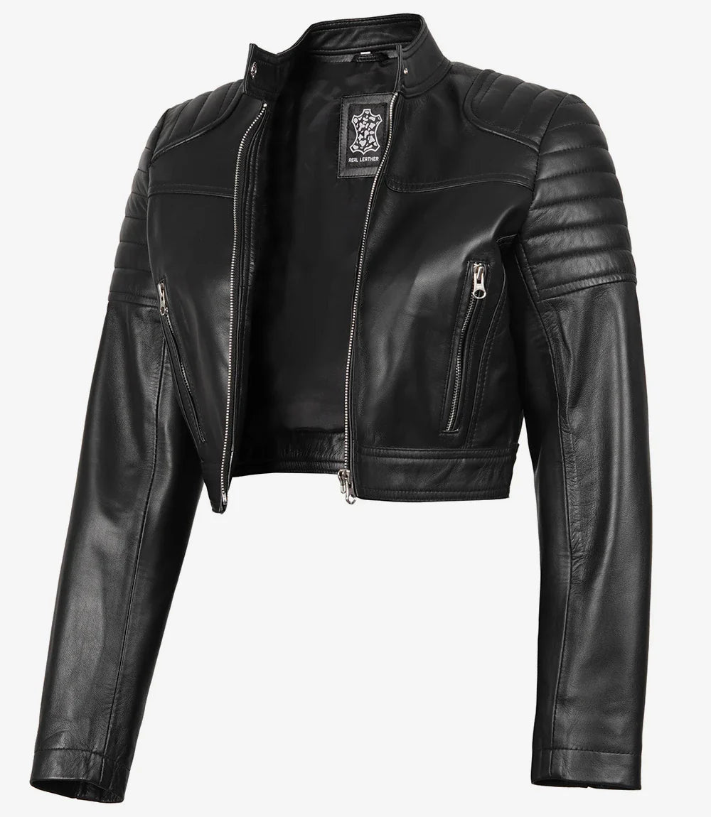 Black Cropped Leather Biker Style Jacket for Women