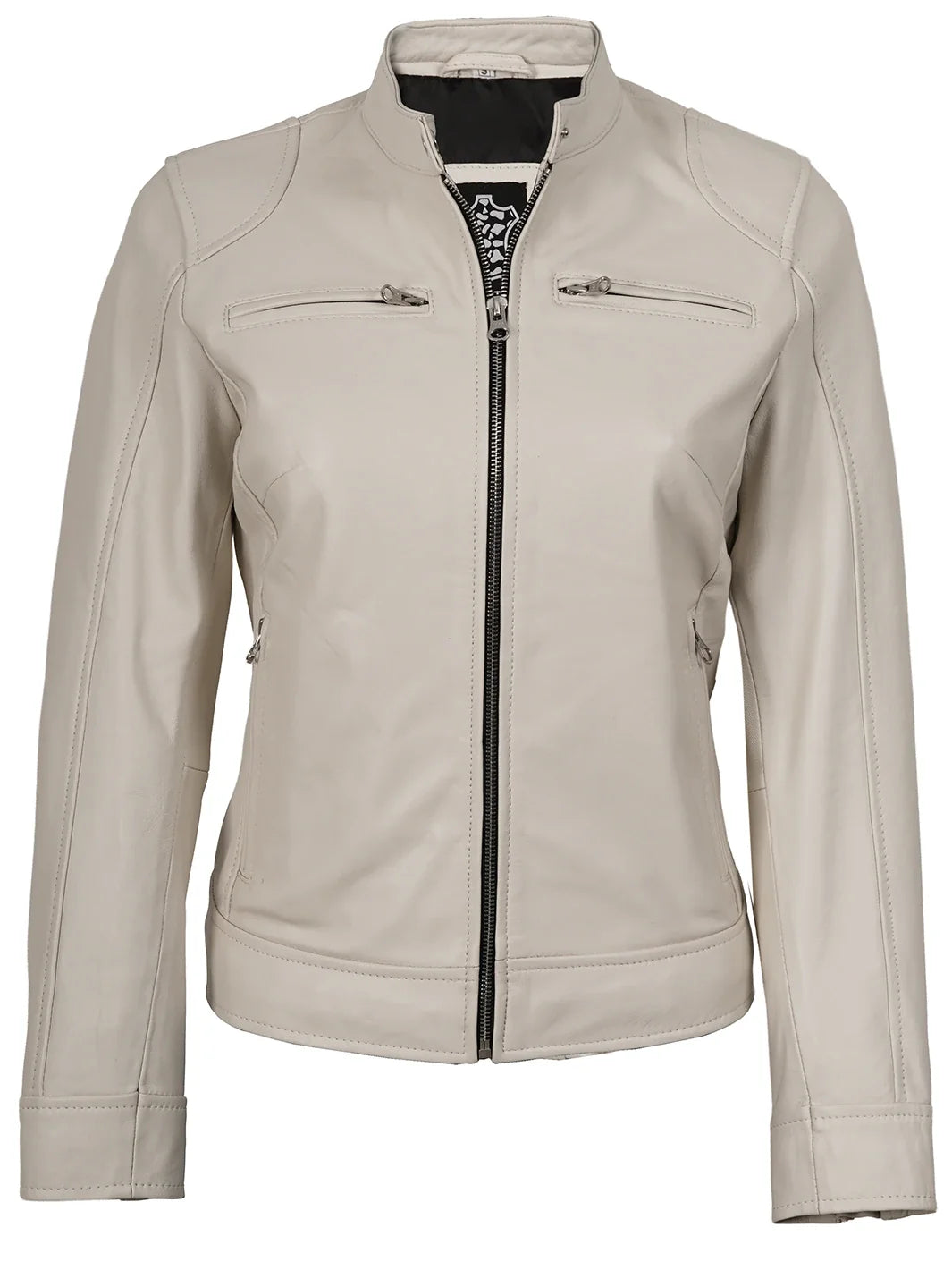 Dodge Women's Off White Cafe Racer Leather Jacket