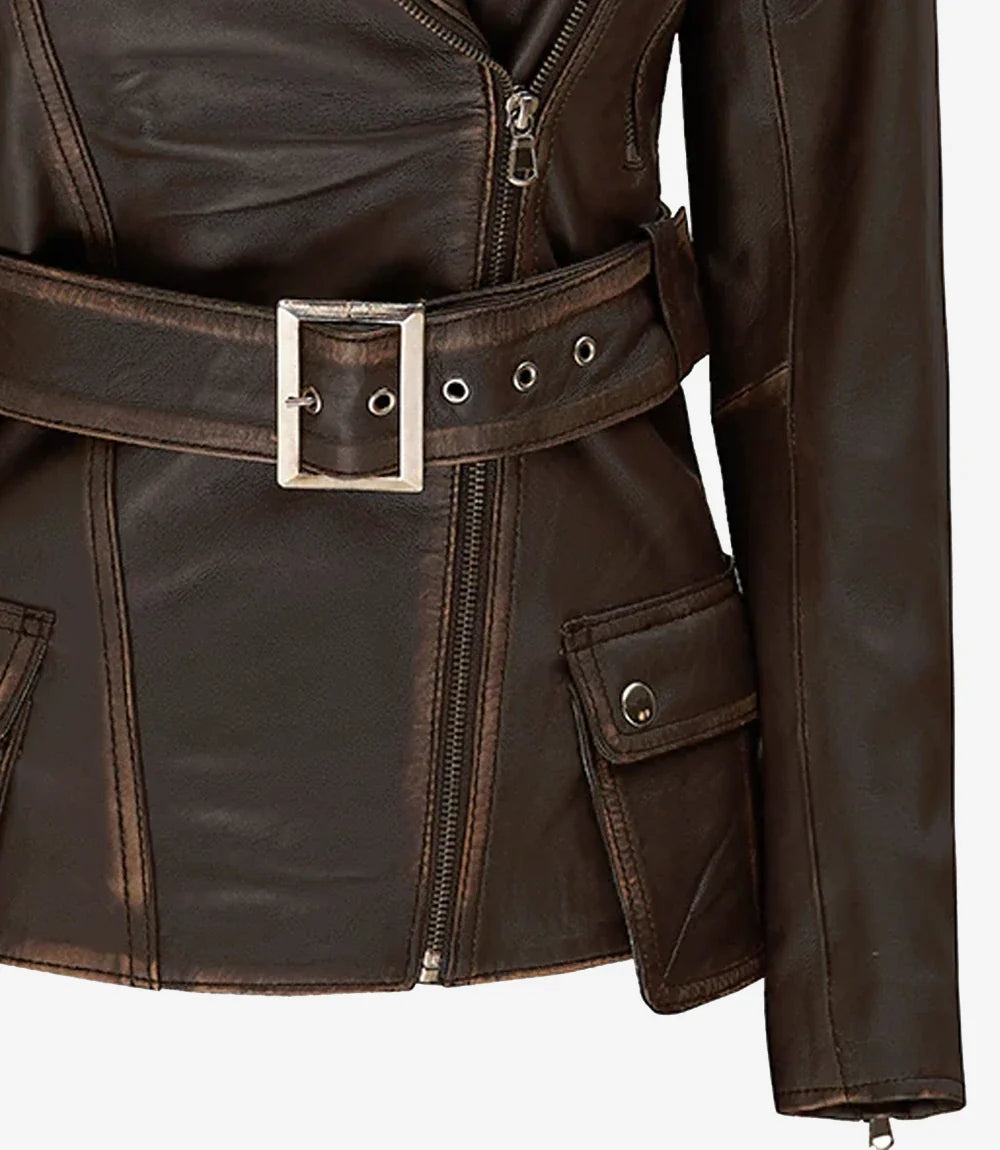 Womens Distressed Brown Long Biker Style Leather Jacket