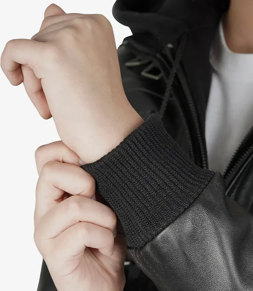 Edinburgh Womens Tall Black Leather Bomber Jacket With Removable Hood
