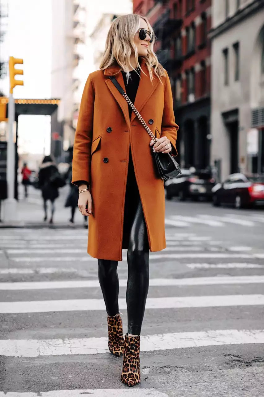 Women's Copper Brown Wool Coat – Double-Breasted Overcoat